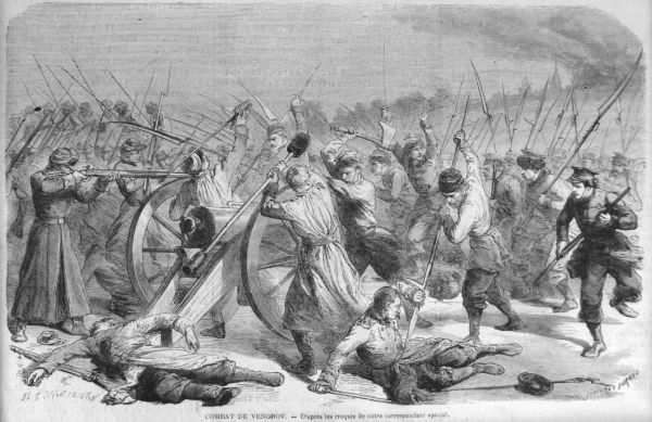 BITWA POD WĘGROWEM grafika Best, Cosson & Smeeton wg rysunku Godefroya Duranda z 1863 r. Kolekcja Muzeum Zbrojowni na Zamku w Liwie.