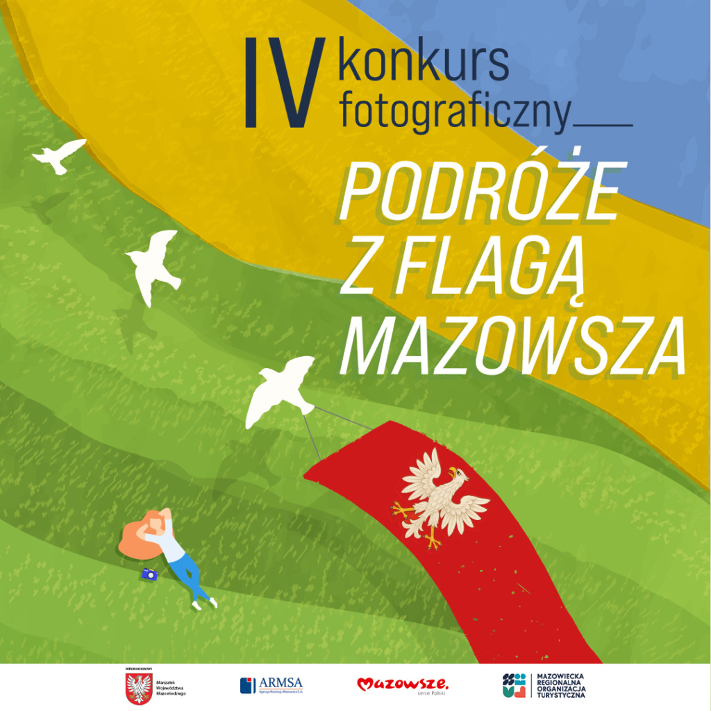Grafika promująca konkurs "Podróże z Flagą Mazowsza". Przedstawia na pierwszym planie lecące ptaki z mazowiecką flagą. Na drugim planie postać leżąca na trawie.