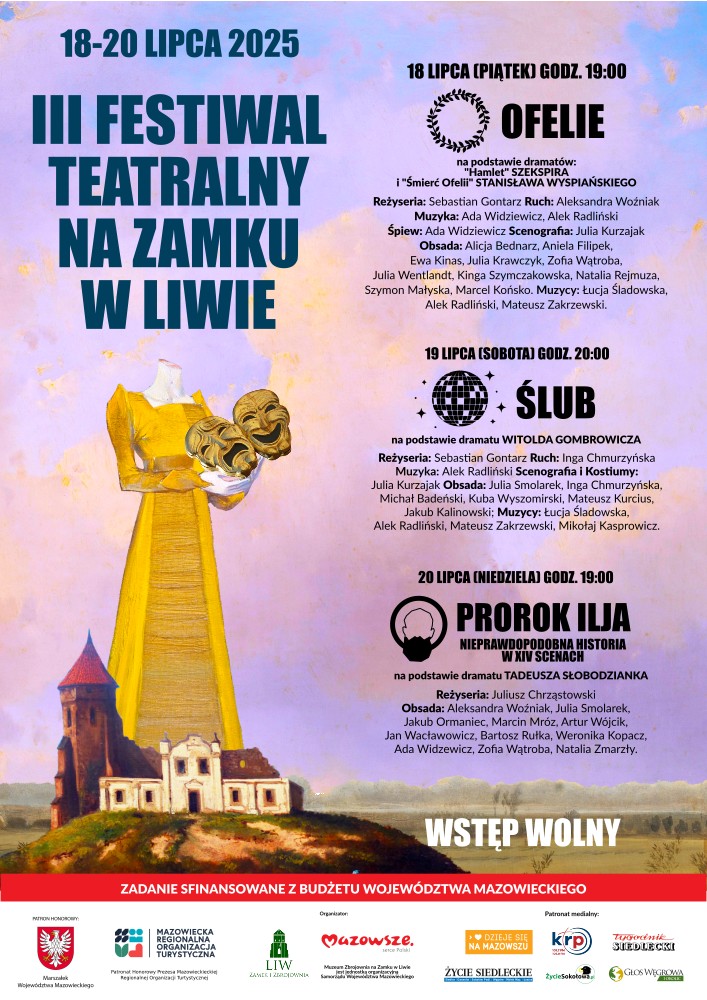 Plakat Festiwalu Teatralnego. Postać w żółtej sukni, górująca nad zamkiem, trzyma w dłoni teatralne maski.