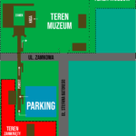 Mapa orientacyjna terenu muzeum podczas prac budowlanych.
